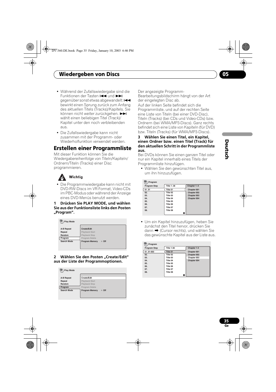 Erstellen einer programmliste, Wiedergeben von discs 05, Deutsch | Pioneer DV-2650-S User Manual | Page 99 / 128