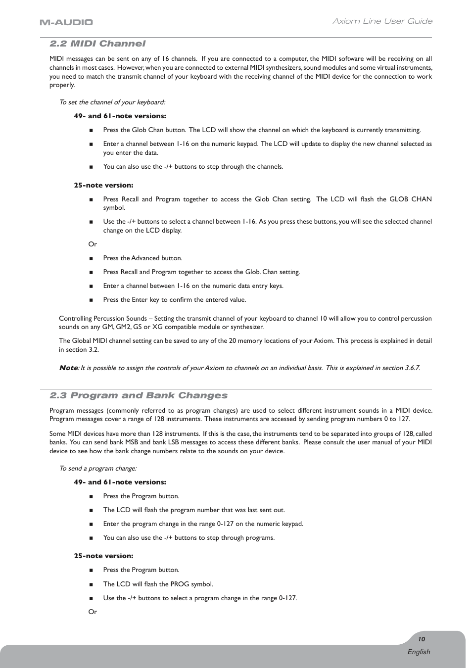 2 midi channel, 3 program and bank changes, 2 midi channel 2.3 program and bank changes | Axiom Audio Electronic Keyboard User Manual | Page 11 / 51