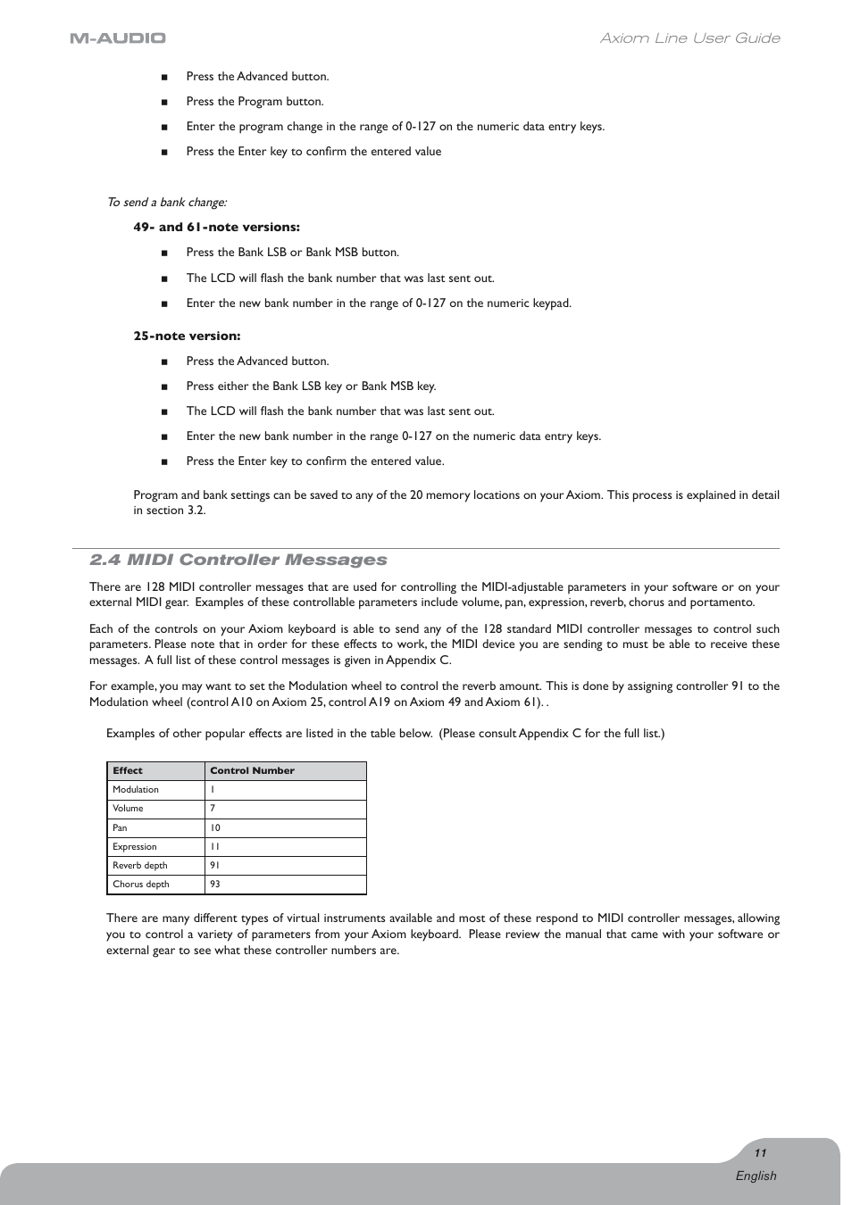 4 midi controller messages | Axiom Audio Electronic Keyboard User Manual | Page 12 / 51