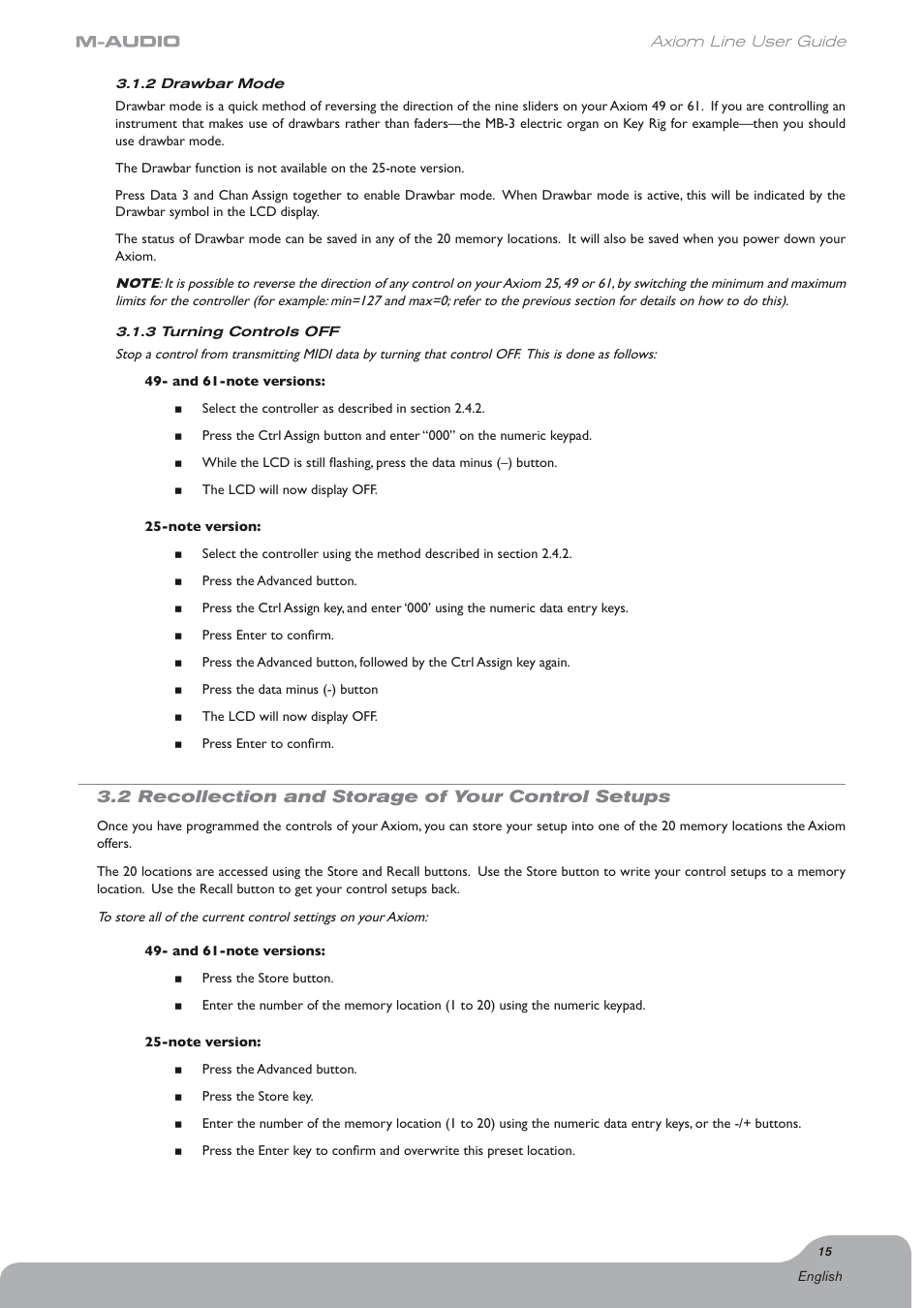 2 recollection and storage of your control setups | Axiom Audio Electronic Keyboard User Manual | Page 16 / 51