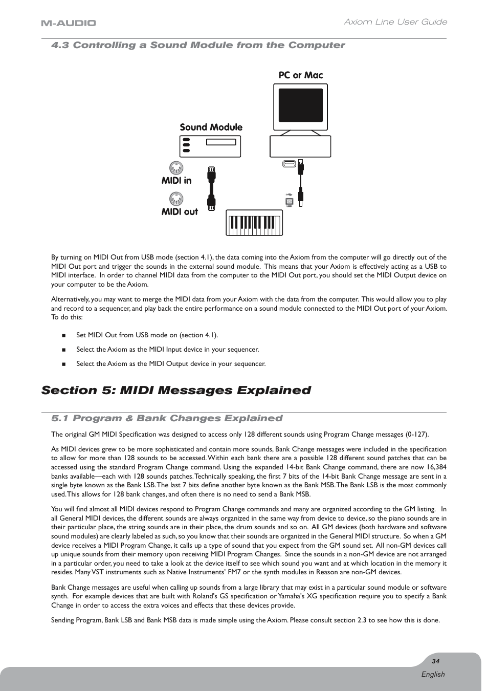 3 controlling a sound module from the computer, Section 5: midi messages explained, 1 program & bank changes explained | Axiom Audio Electronic Keyboard User Manual | Page 35 / 51