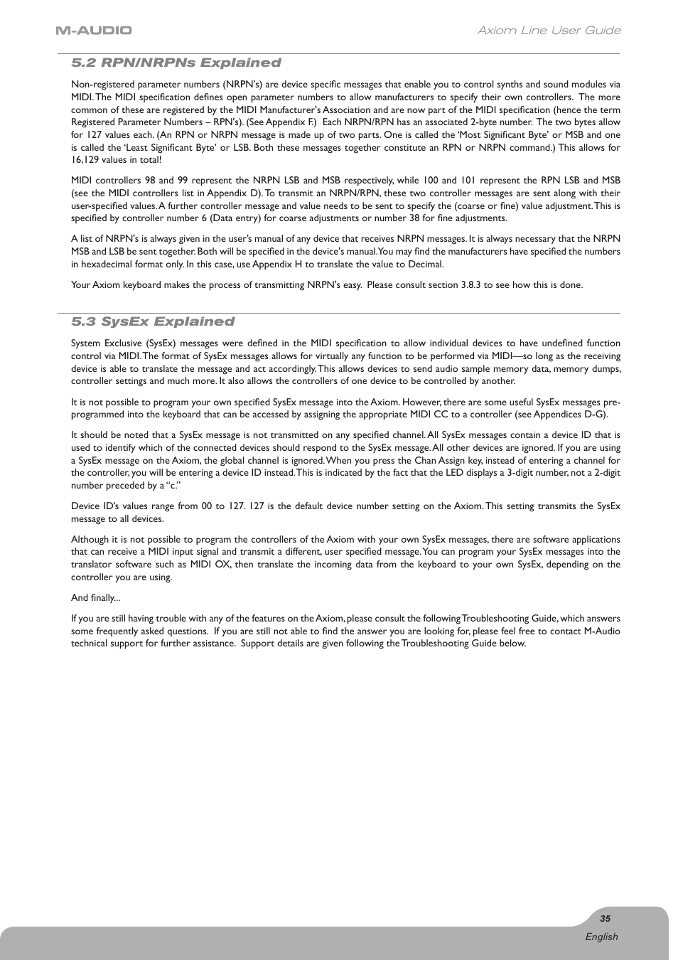 2 rpn/nrpns explained, 3 sysex explained, 2 rpn/nrpns explained 5.3 sysex explained | Axiom Audio Electronic Keyboard User Manual | Page 36 / 51