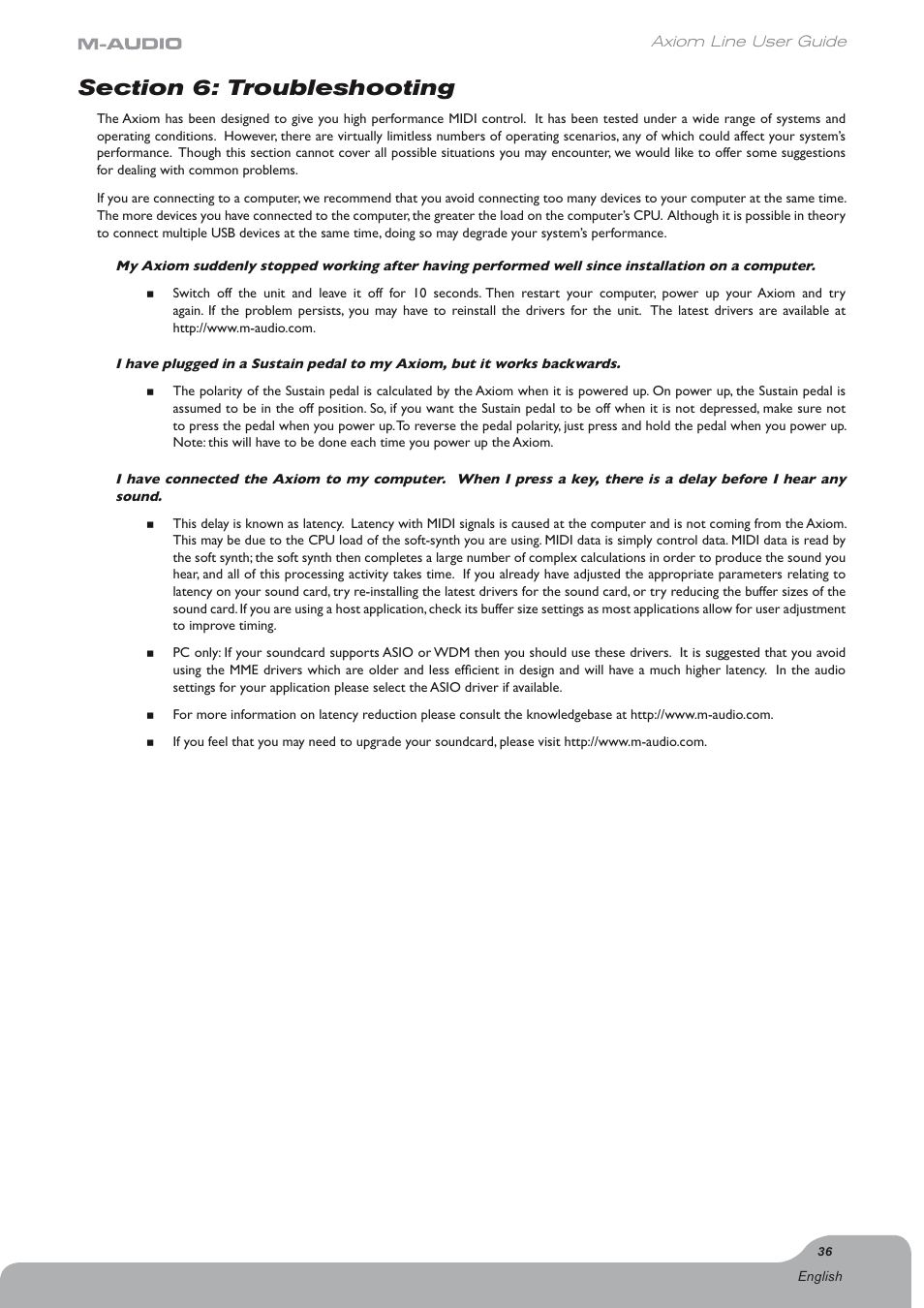 Section 6: troubleshooting | Axiom Audio Electronic Keyboard User Manual | Page 37 / 51