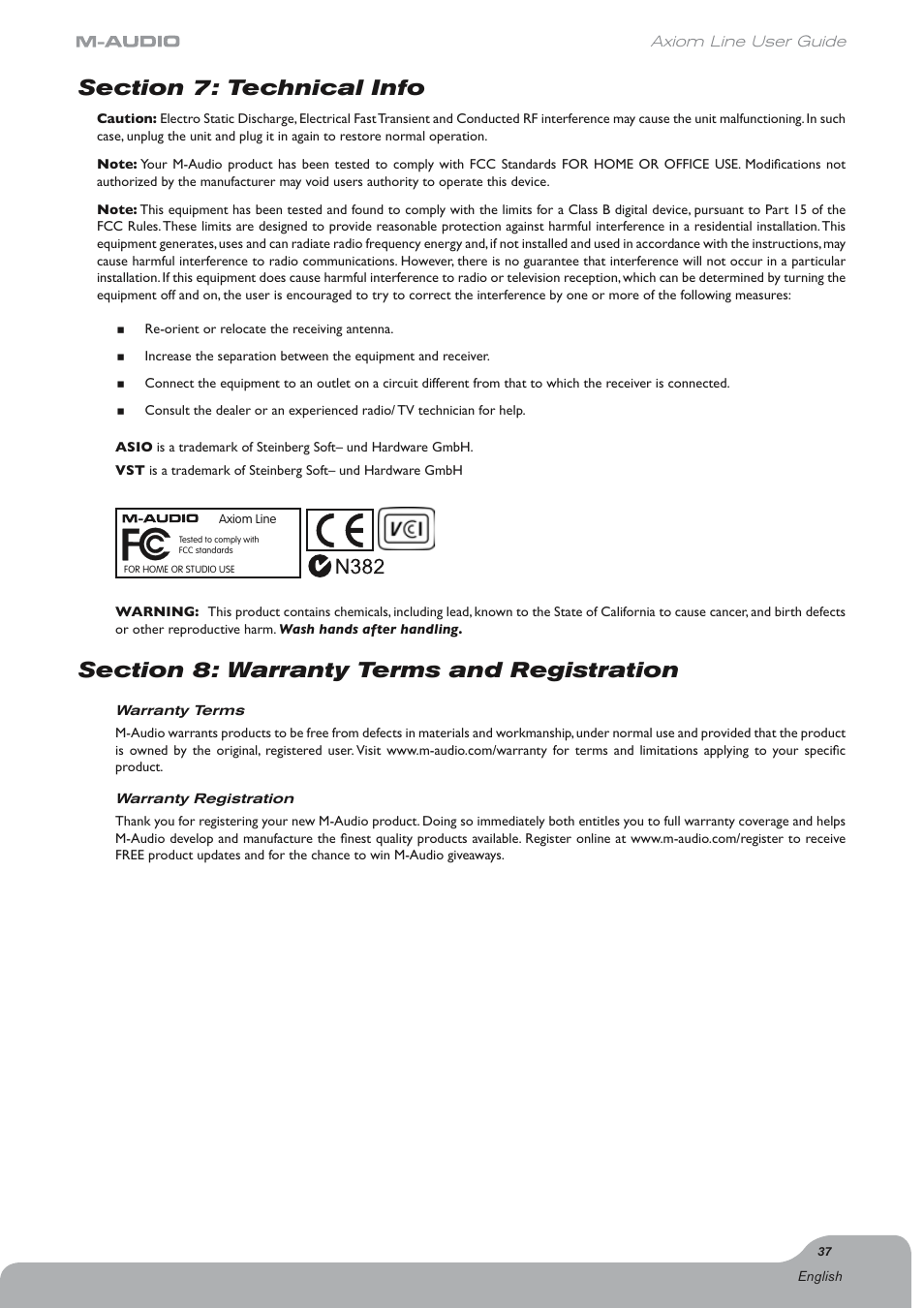 Section 7: technical info, Section 8: warranty terms and registration | Axiom Audio Electronic Keyboard User Manual | Page 38 / 51