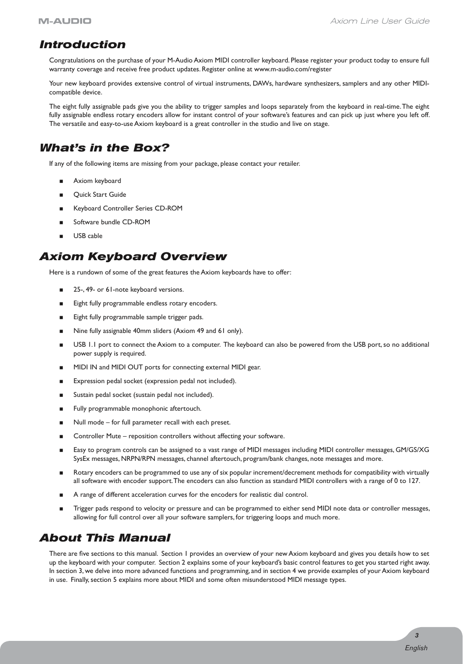 English, Introduction, What’s in the box | Axiom keyboard overview, About this manual | Axiom Audio Electronic Keyboard User Manual | Page 4 / 51