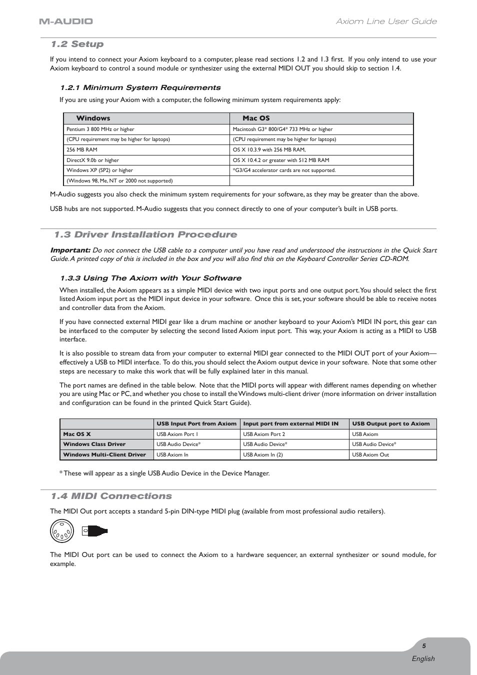 2 setup, 3 driver installation procedure, 4 midi connections | Axiom line user guide | Axiom Audio Electronic Keyboard User Manual | Page 6 / 51
