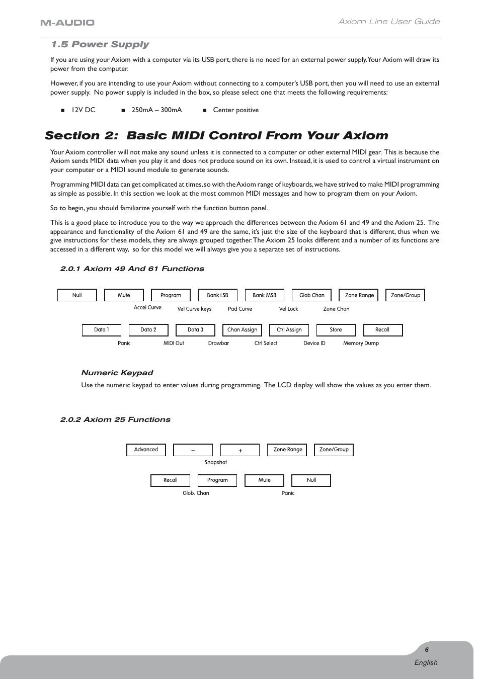 5 power supply, Section 2: basic midi control from your axiom | Axiom Audio Electronic Keyboard User Manual | Page 7 / 51