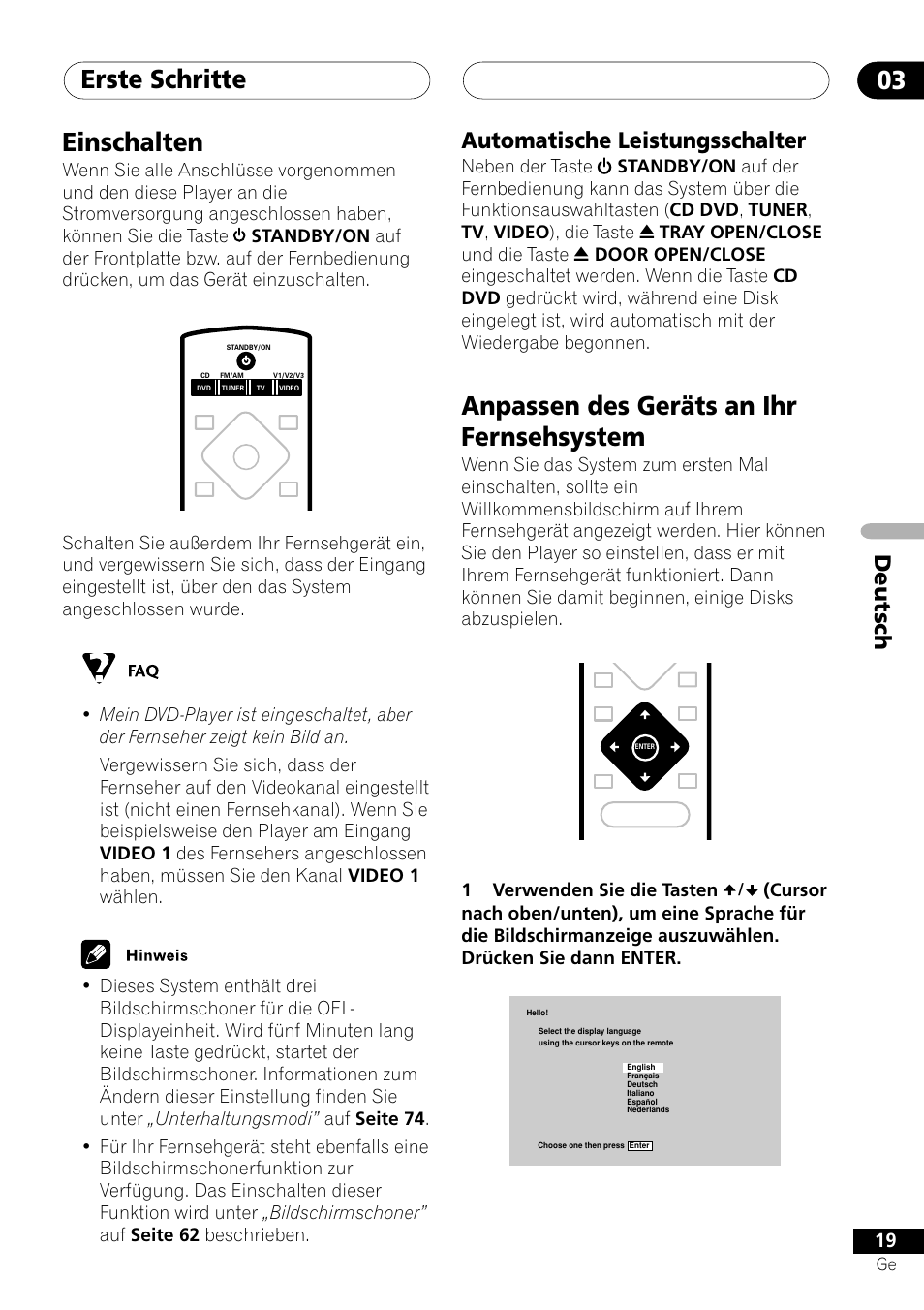 Einschalten, Automatische leistungsschalter, Anpassen des geräts an ihr fernsehsystem | Erste schritte 03, Deutsch | Pioneer NS-DV1000 User Manual | Page 107 / 180