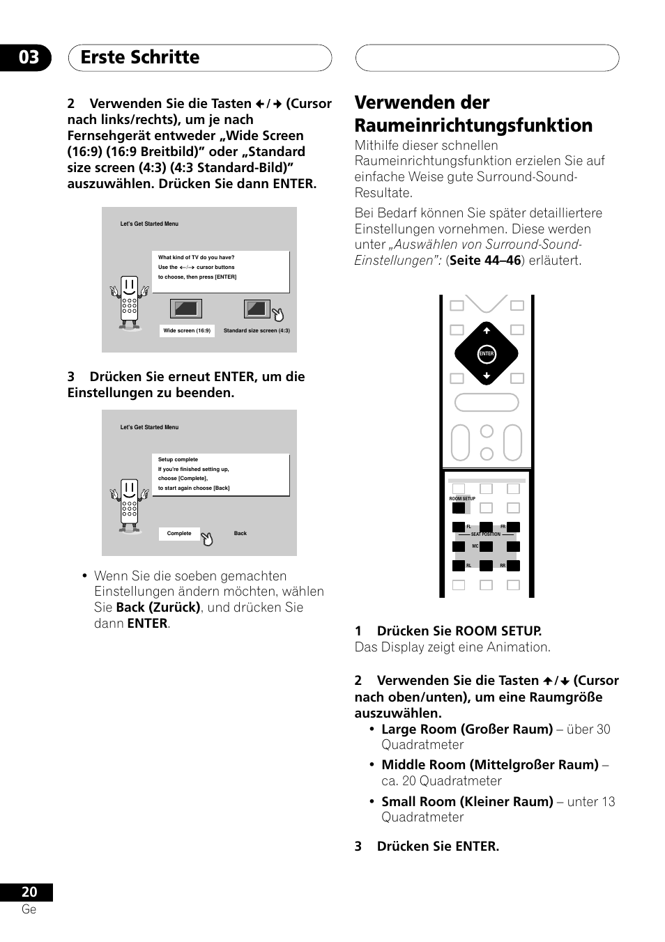 Verwenden der raumeinrichtungsfunktion, Erste schritte 03, 2verwenden sie die tasten | Pioneer NS-DV1000 User Manual | Page 108 / 180