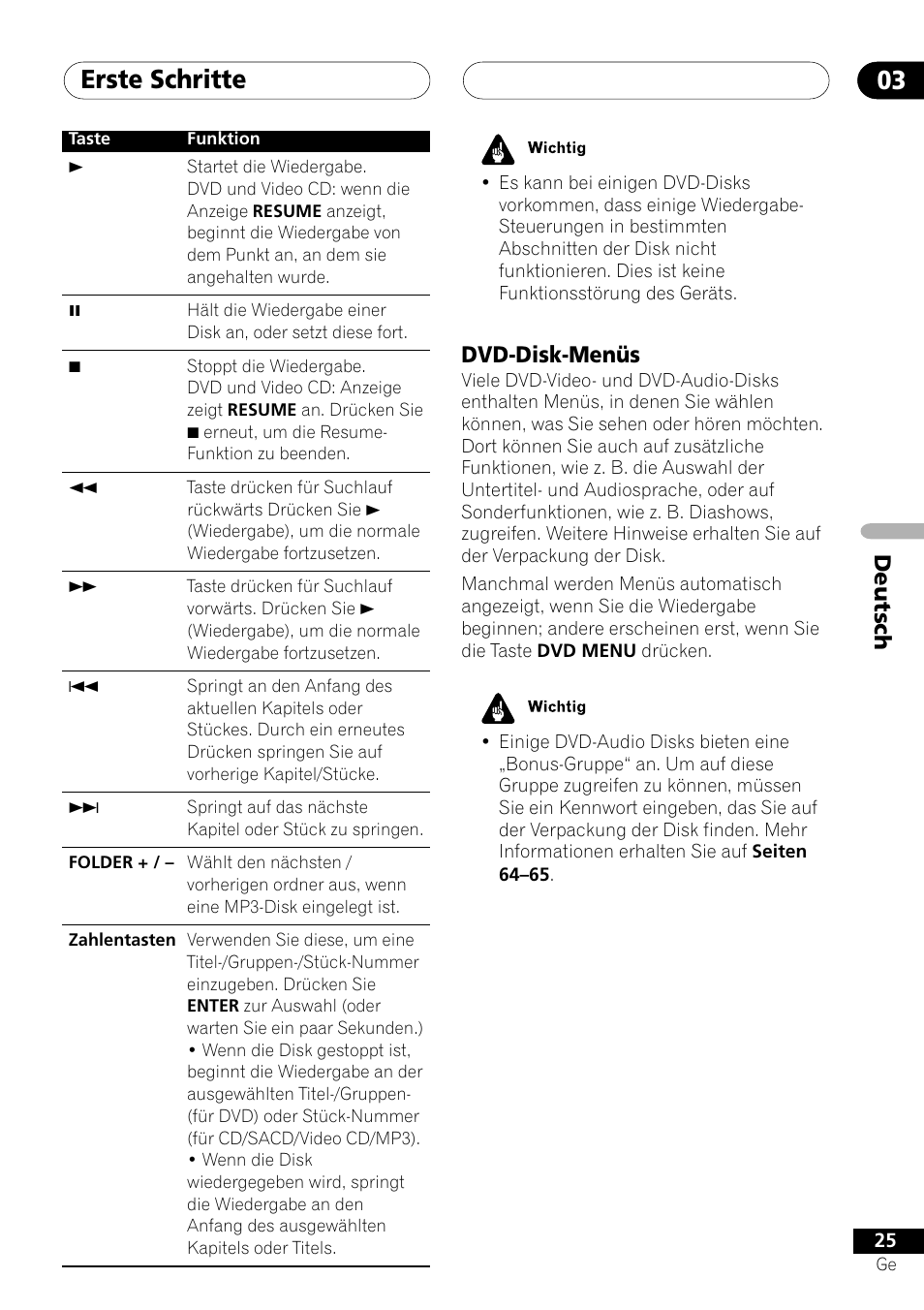 Dvd-disk-menüs, Erste schritte 03, Deutsch | Pioneer NS-DV1000 User Manual | Page 113 / 180