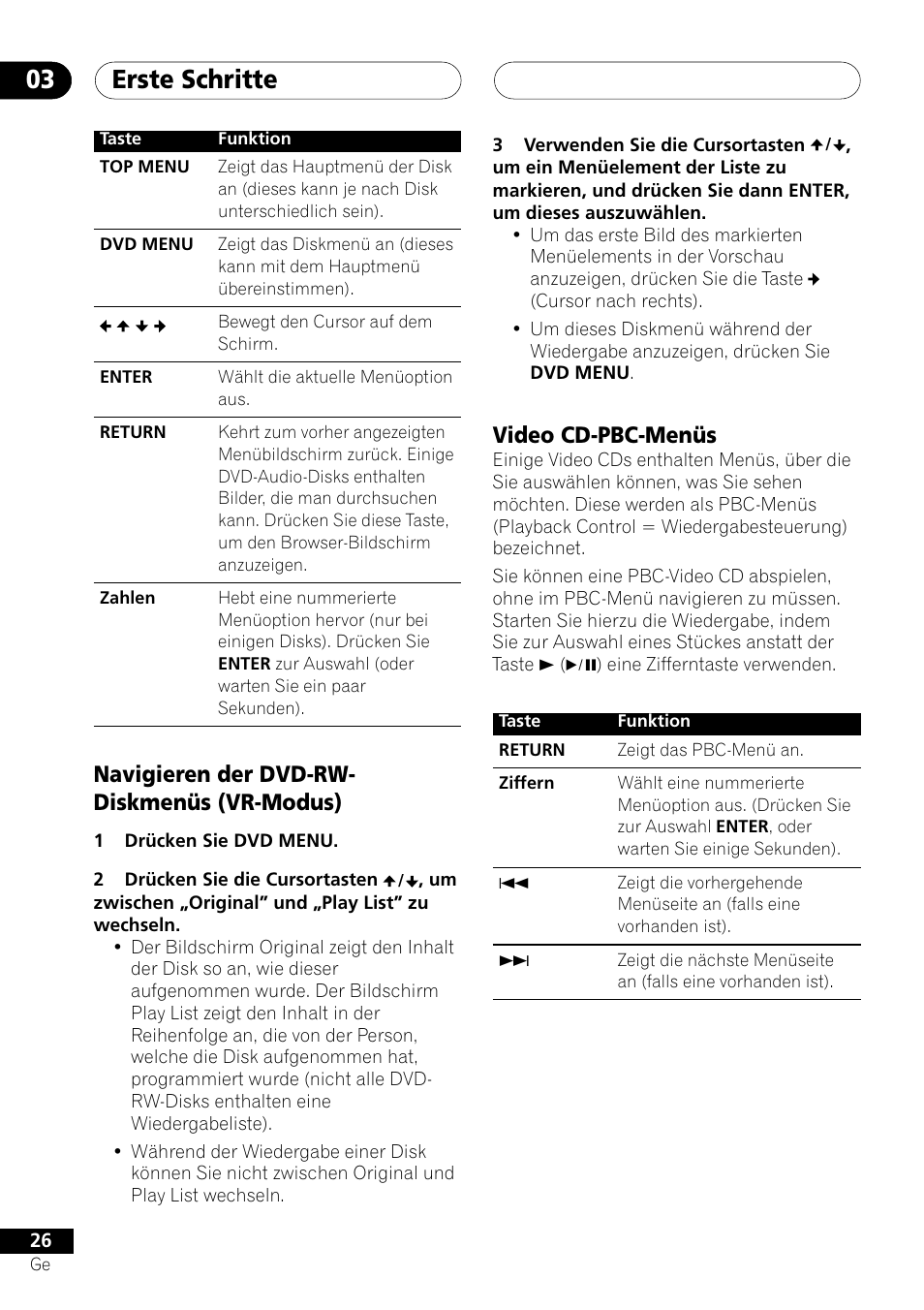 Erste schritte 03, Navigieren der dvd-rw- diskmenüs (vr-modus), Video cd-pbc-menüs | Pioneer NS-DV1000 User Manual | Page 114 / 180