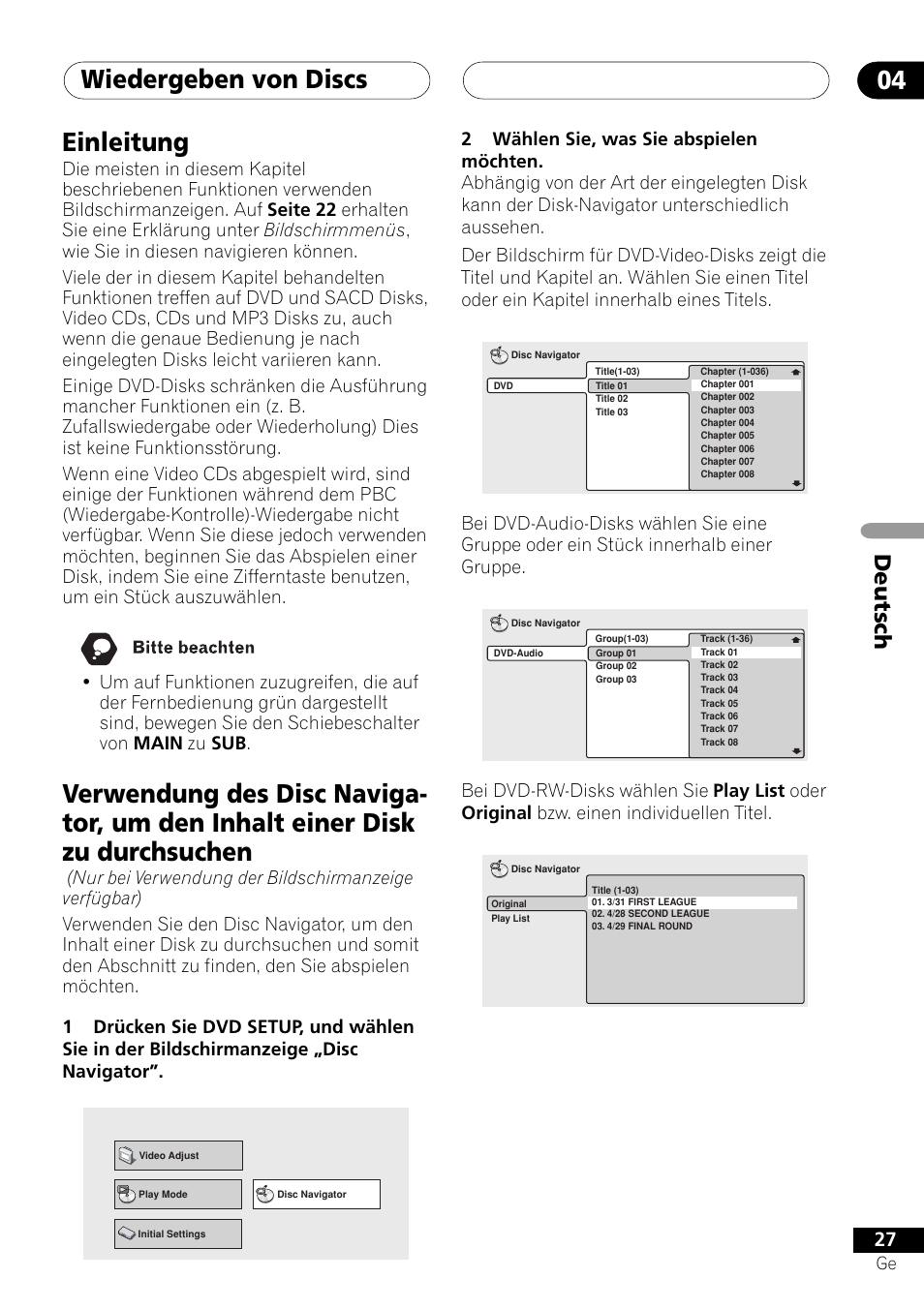 Wiedergeben von discs 04, Einleitung, Deutsch | Pioneer NS-DV1000 User Manual | Page 115 / 180