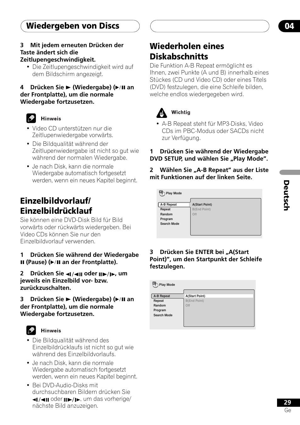 Wiedergeben von discs 04, Einzelbildvorlauf/ einzelbildrücklauf, Wiederholen eines diskabschnitts | Deutsch | Pioneer NS-DV1000 User Manual | Page 117 / 180