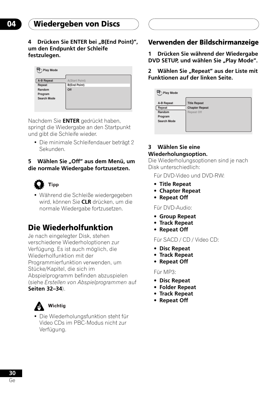 Die wiederholfunktion, Verwenden der bildschirmanzeige, Wiedergeben von discs 04 | Pioneer NS-DV1000 User Manual | Page 118 / 180