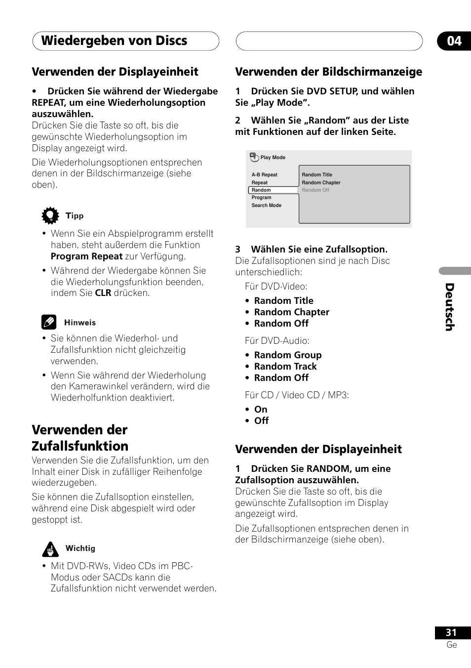 Verwenden der displayeinheit, Verwenden der zufallsfunktion, Wiedergeben von discs 04 | Deutsch verwenden der displayeinheit, Verwenden der bildschirmanzeige | Pioneer NS-DV1000 User Manual | Page 119 / 180