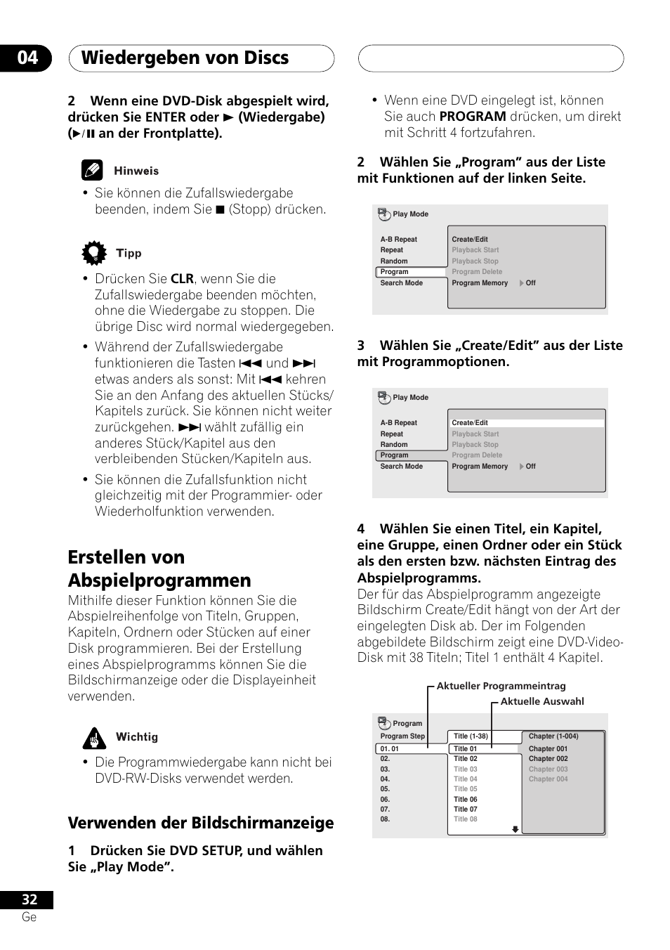 Erstellen von abspielprogrammen, Verwenden der bildschirmanzeige, Wiedergeben von discs 04 | Pioneer NS-DV1000 User Manual | Page 120 / 180