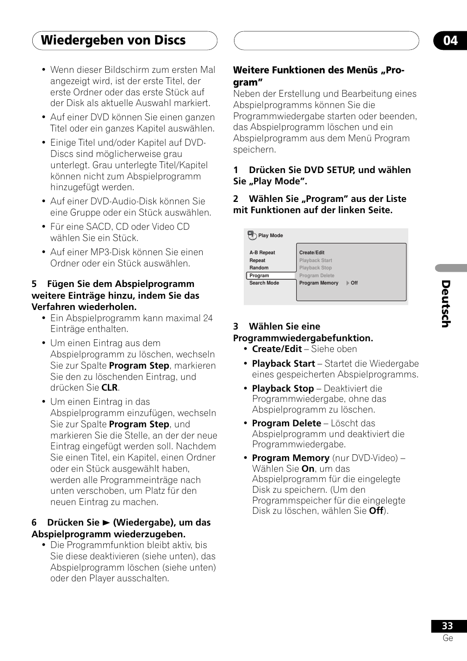 Weitere funktionen des menüs „program, Wiedergeben von discs 04, Deutsch | Pioneer NS-DV1000 User Manual | Page 121 / 180