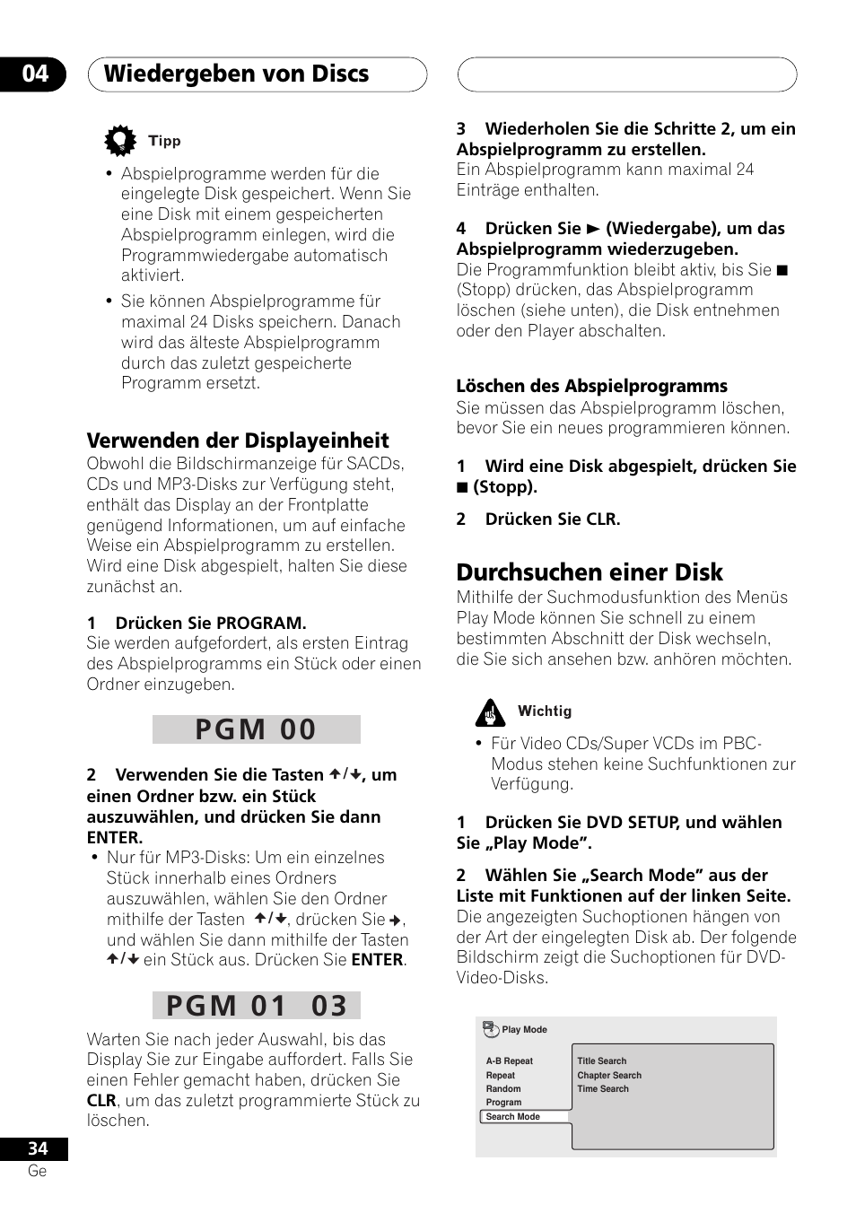 Verwenden der displayeinheit, Löschen des abspielprogramms, Durchsuchen einer disk | P g m 0 0, P g m 0 1 0 3, Wiedergeben von discs 04 | Pioneer NS-DV1000 User Manual | Page 122 / 180