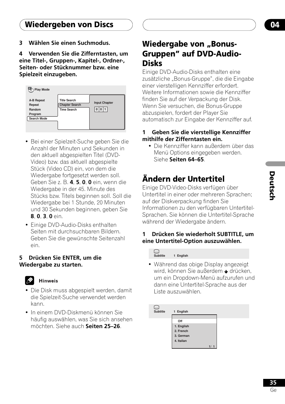 Wiedergeben von discs 04, Ändern der untertitel, Deutsch | Pioneer NS-DV1000 User Manual | Page 123 / 180