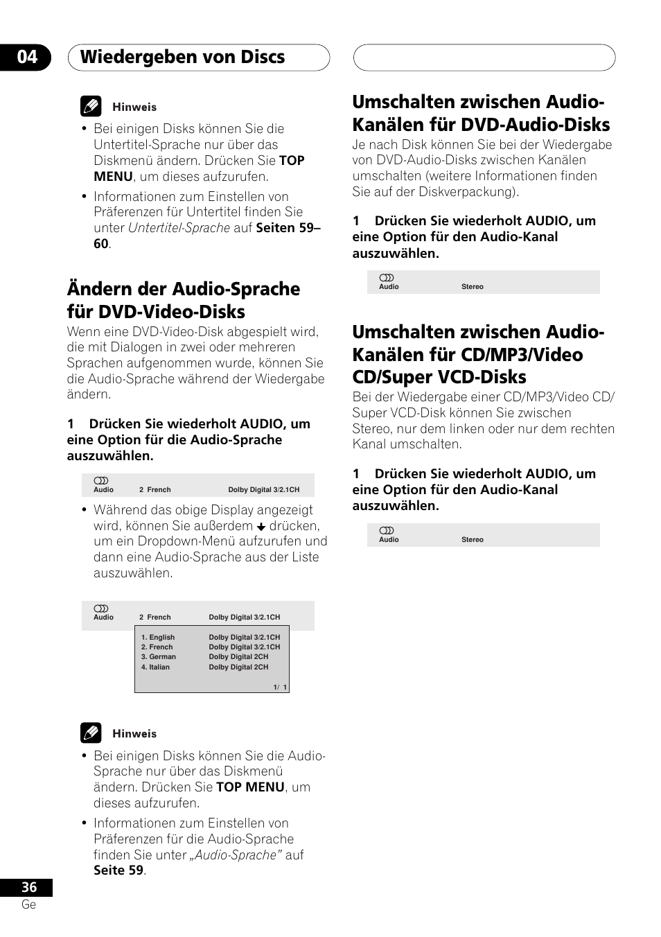 Wiedergeben von discs 04, Ändern der audio-sprache für dvd-video-disks | Pioneer NS-DV1000 User Manual | Page 124 / 180