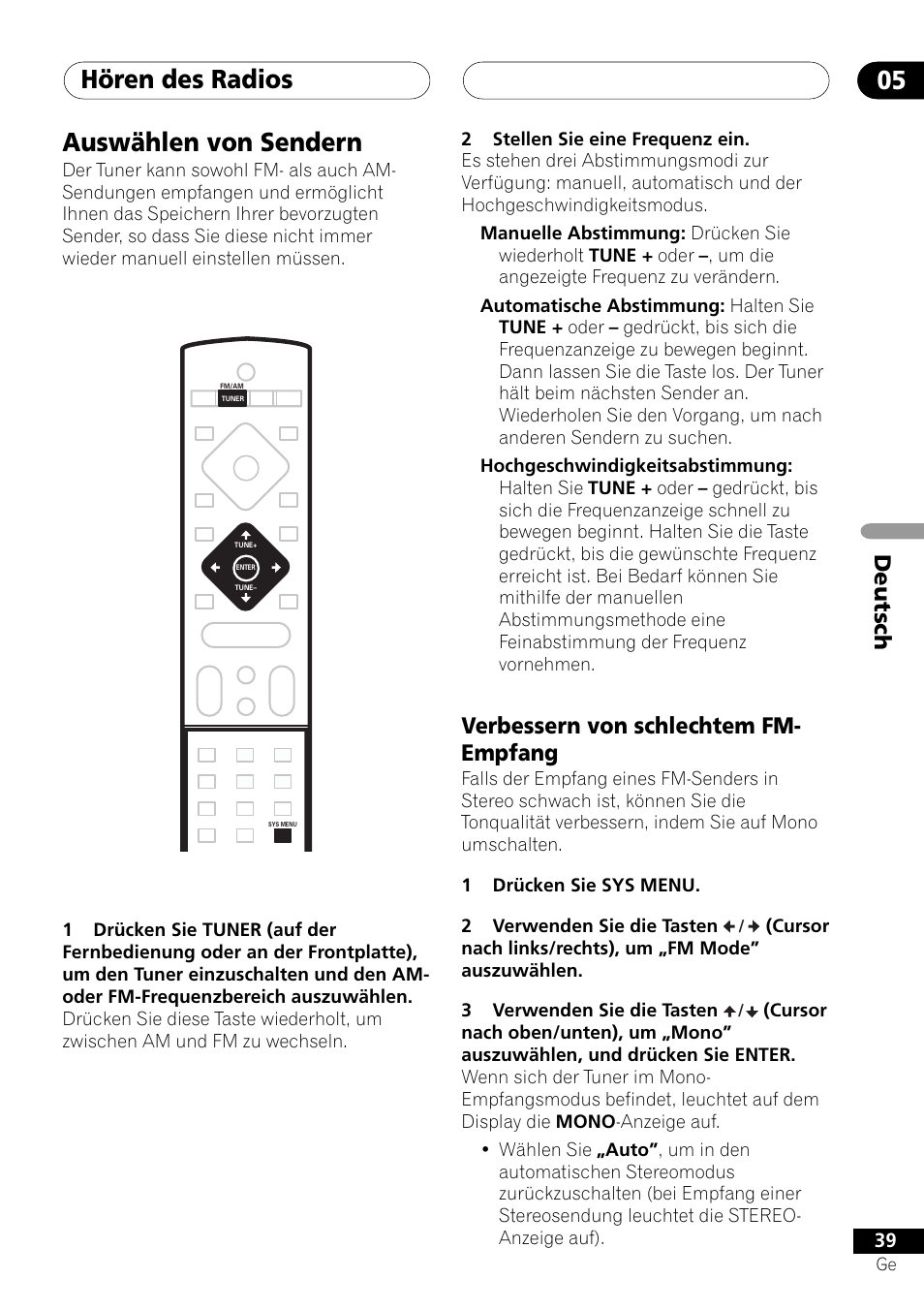 Auswählen von sendern, Verbessern von schlechtem fm-empfang, Hören des radios 05 | Deutsch, Verbessern von schlechtem fm- empfang | Pioneer NS-DV1000 User Manual | Page 127 / 180