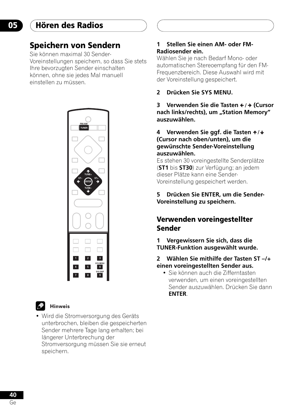 Speichern von sendern, Verwenden voreingestellter sender, Hören des radios 05 | Pioneer NS-DV1000 User Manual | Page 128 / 180