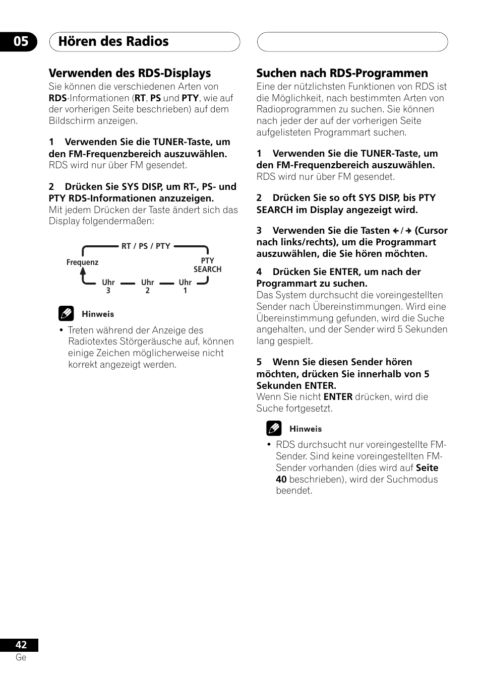 Hören des radios 05, Verwenden des rds-displays, Suchen nach rds-programmen | Pioneer NS-DV1000 User Manual | Page 130 / 180