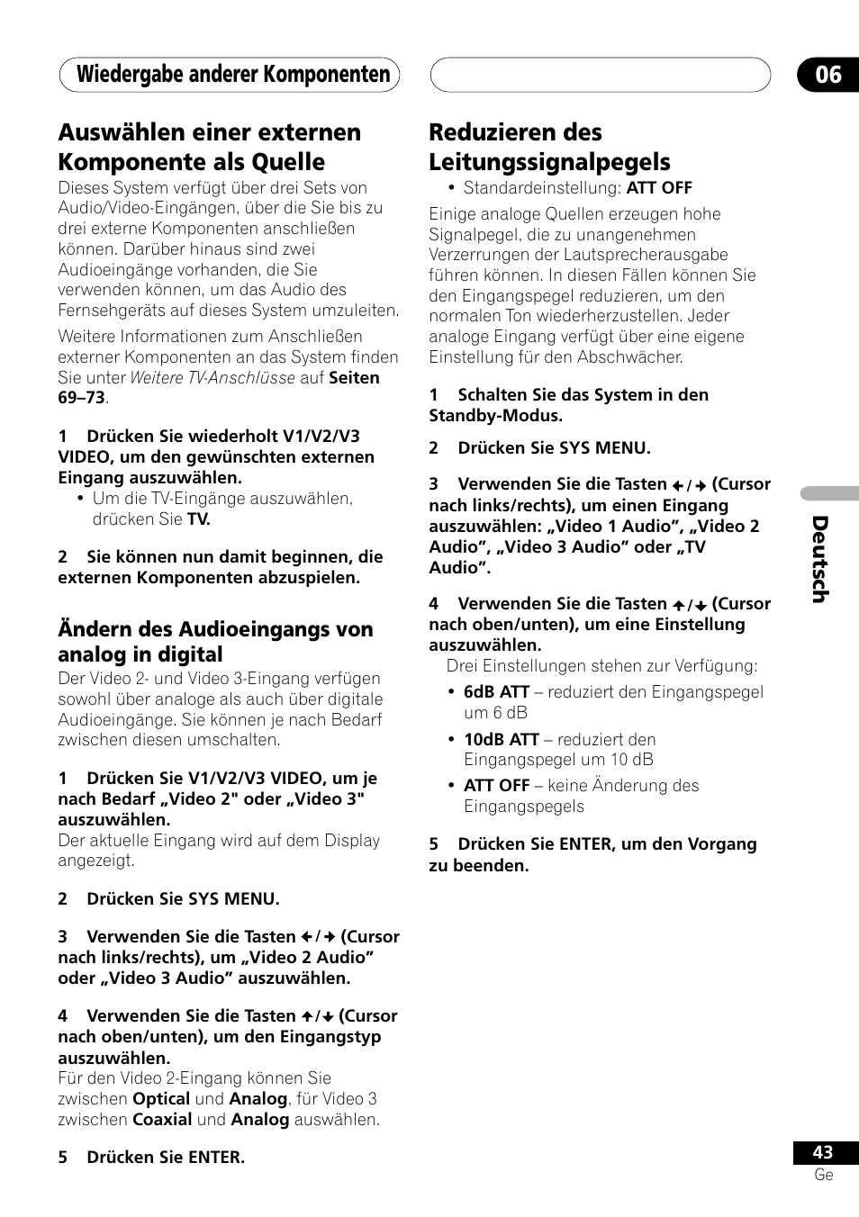 Auswählen einer externen komponente als quelle, Ändern des audioeingangs von analog in digital, Reduzieren des leitungssignalpegels | Wiedergabe anderer komponenten 06, Deutsch | Pioneer NS-DV1000 User Manual | Page 131 / 180