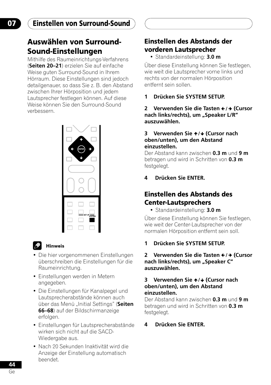 Auswählen von surround-sound-einstellungen, Einstellen von surround-sound 07, Auswählen von surround- sound-einstellungen | Einstellen des abstands der vorderen lautsprecher, Einstellen des abstands des center-lautsprechers | Pioneer NS-DV1000 User Manual | Page 132 / 180