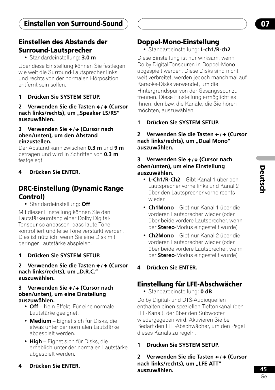 Einstellen von surround-sound 07, Drc-einstellung (dynamic range control), Doppel-mono-einstellung | Einstellung für lfe-abschwächer | Pioneer NS-DV1000 User Manual | Page 133 / 180
