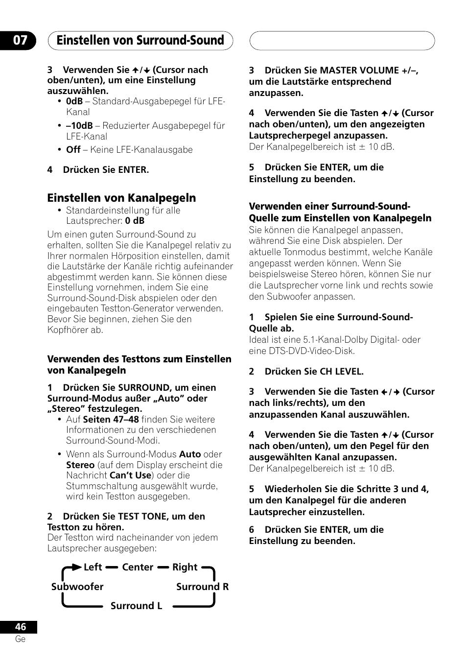 Einstellen von kanalpegeln, Einstellen von surround-sound 07 | Pioneer NS-DV1000 User Manual | Page 134 / 180