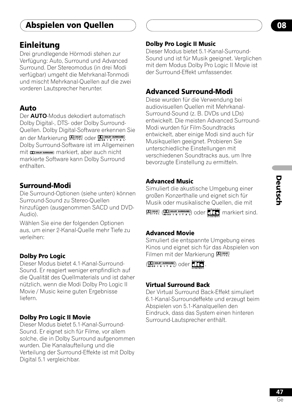 Einleitung, Auto surround-modi, Advanced surround-modi | Abspielen von quellen 08 | Pioneer NS-DV1000 User Manual | Page 135 / 180