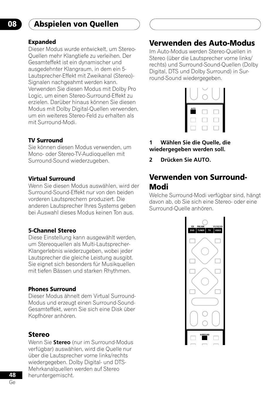 Stereo, Abspielen von quellen 08, Verwenden des auto-modus | Verwenden von surround- modi | Pioneer NS-DV1000 User Manual | Page 136 / 180