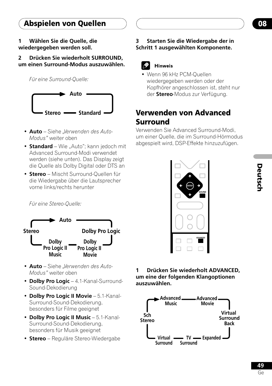 Verwenden von advanced surround, Abspielen von quellen 08, Deutsch | Pioneer NS-DV1000 User Manual | Page 137 / 180