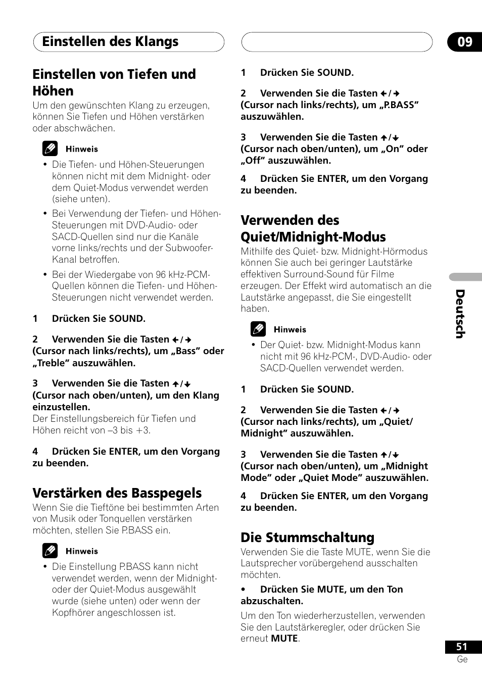 Einstellen des klangs 09, Einstellen von tiefen und höhen, Verstärken des basspegels | Verwenden des quiet/midnight-modus, Die stummschaltung | Pioneer NS-DV1000 User Manual | Page 139 / 180