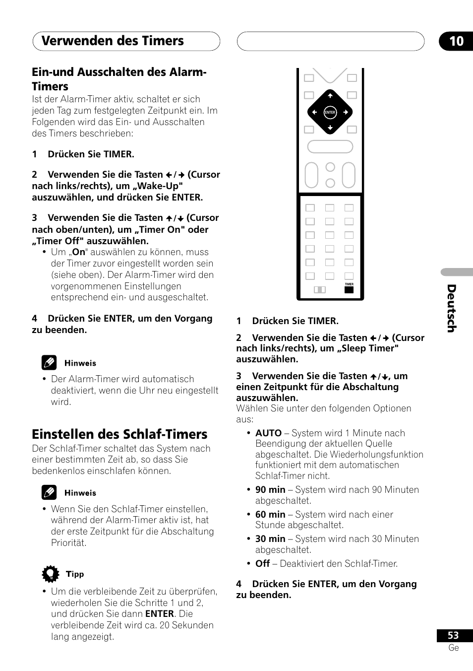 Ein-und ausschalten des alarm-timers, Einstellen des schlaf-timers, Verwenden des timers 10 | Deutsch ein-und ausschalten des alarm- timers | Pioneer NS-DV1000 User Manual | Page 141 / 180