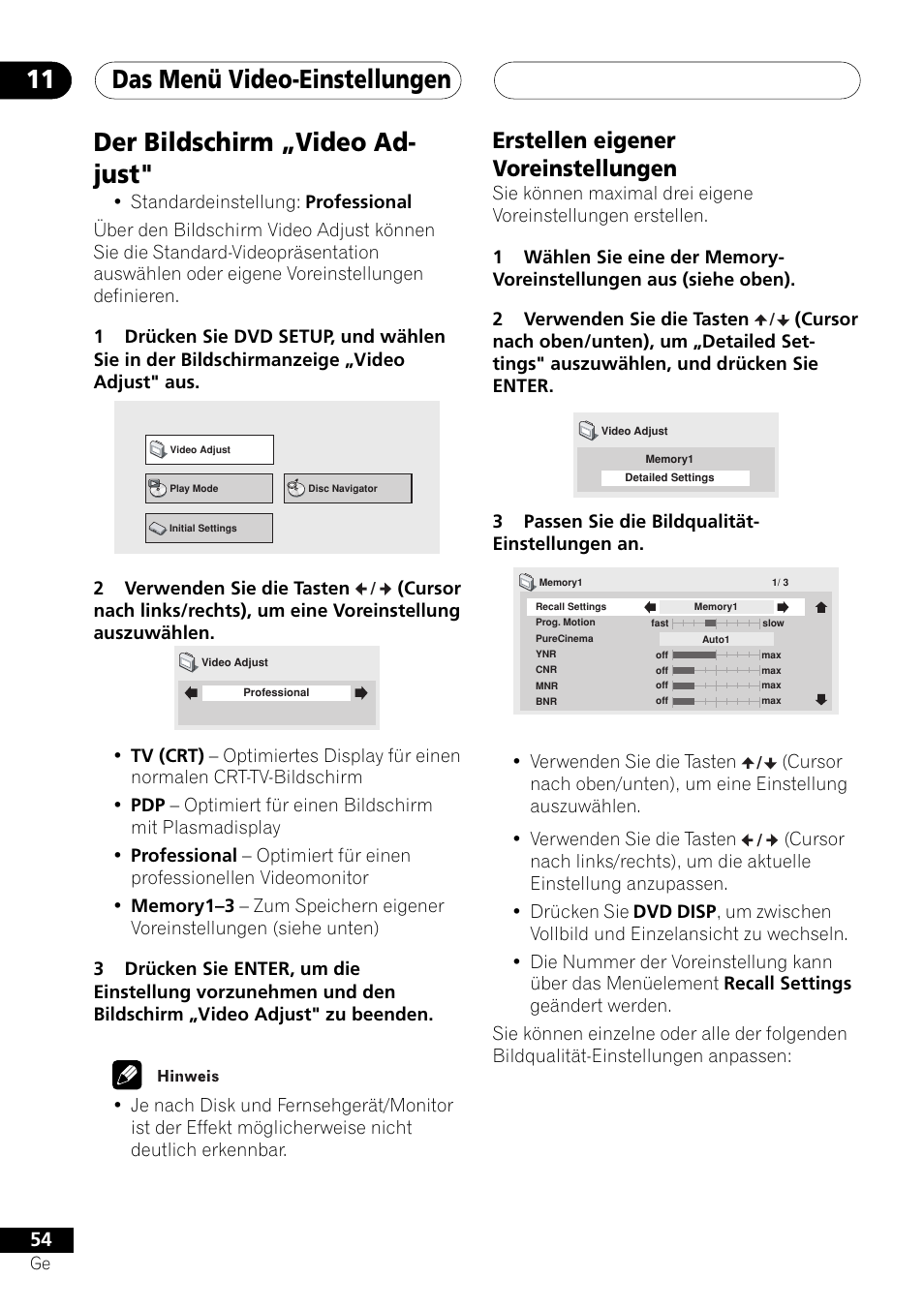 Der bildschirm „video adjust, Erstellen eigener voreinstellungen, Das menü video-einstellungen 11 | Der bildschirm „video ad- just | Pioneer NS-DV1000 User Manual | Page 142 / 180
