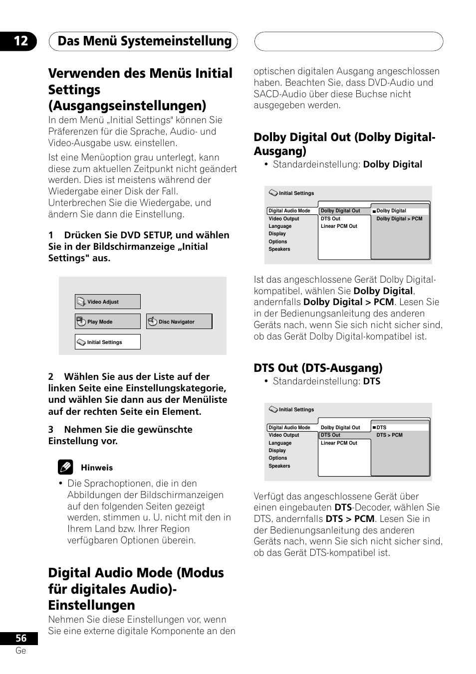 Das menü systemeinstellung 12, Dolby digital out (dolby digital- ausgang), Dts out (dts-ausgang) | Pioneer NS-DV1000 User Manual | Page 144 / 180