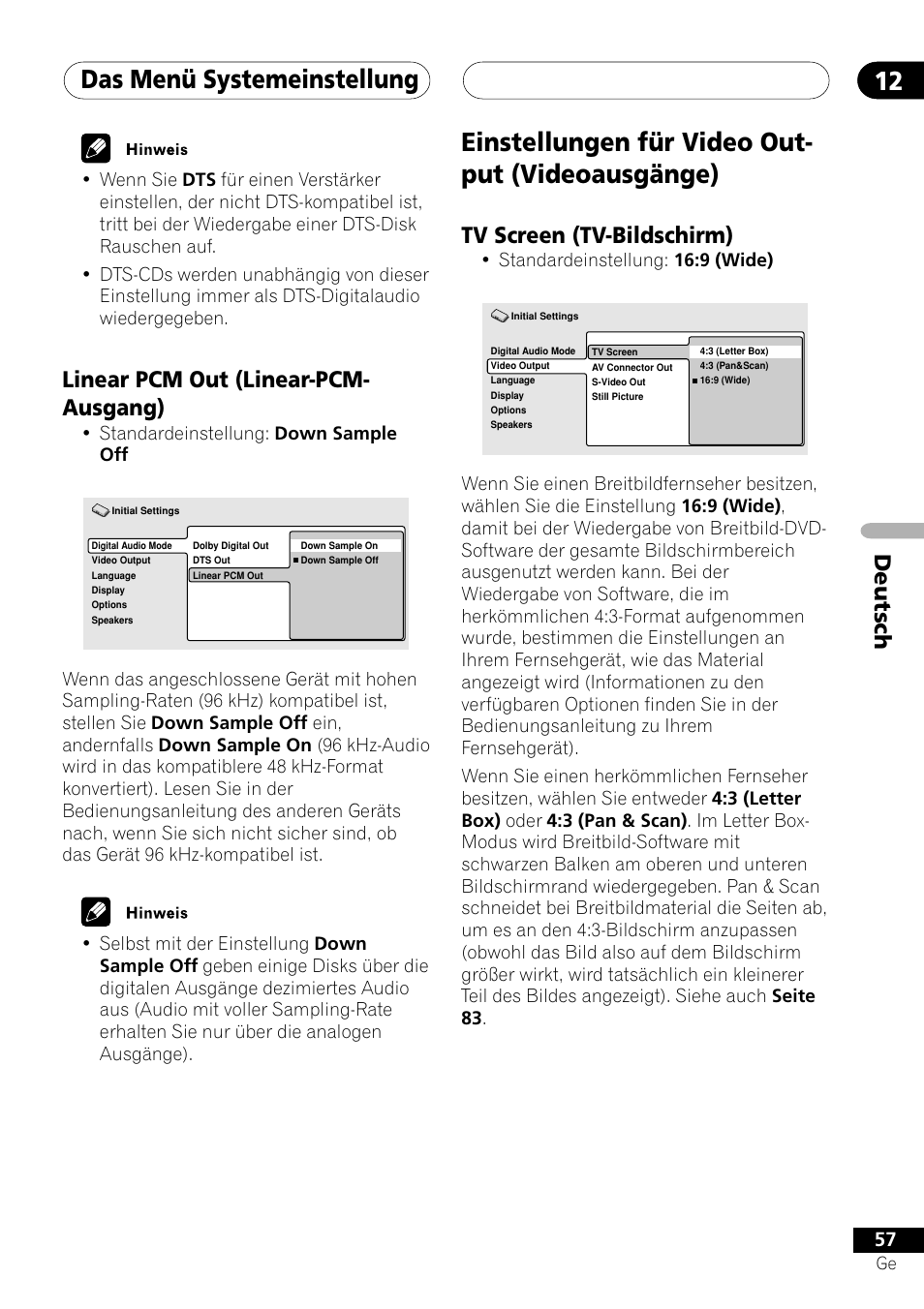 Linear pcm out (linear-pcm-ausgang), Einstellungen für video output (videoausgänge), Tv screen (tv-bildschirm) | Das menü systemeinstellung 12, Einstellungen für video out- put (videoausgänge), Deutsch, Linear pcm out (linear-pcm- ausgang) | Pioneer NS-DV1000 User Manual | Page 145 / 180