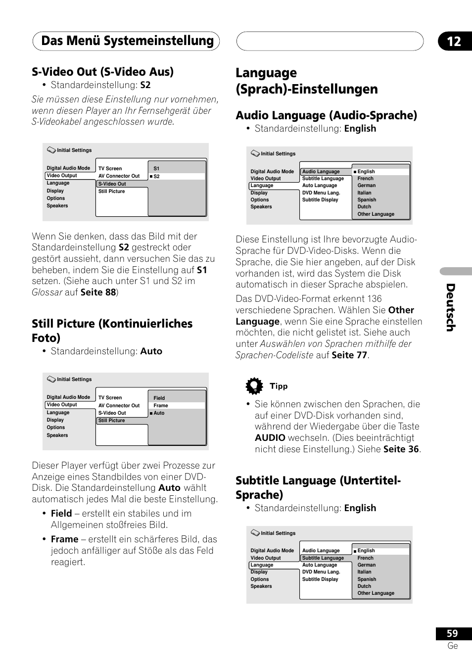 Language (sprach)-einstellungen, Das menü systemeinstellung 12, Deutsch | Audio language (audio-sprache), Subtitle language (untertitel- sprache), S-video out (s-video aus), Still picture (kontinuierliches foto), Standardeinstellung: english, Standardeinstellung: auto | Pioneer NS-DV1000 User Manual | Page 147 / 180