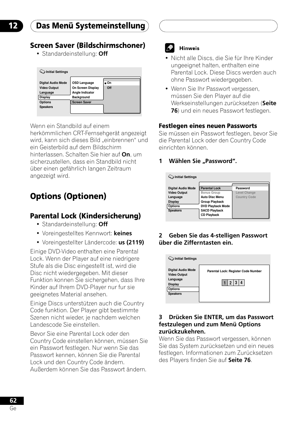 Screen saver (bildschirmschoner), Options (optionen), Parental lock (kindersicherung) | Festlegen eines neuen passworts, Das menü systemeinstellung 12, Standardeinstellung: off | Pioneer NS-DV1000 User Manual | Page 150 / 180