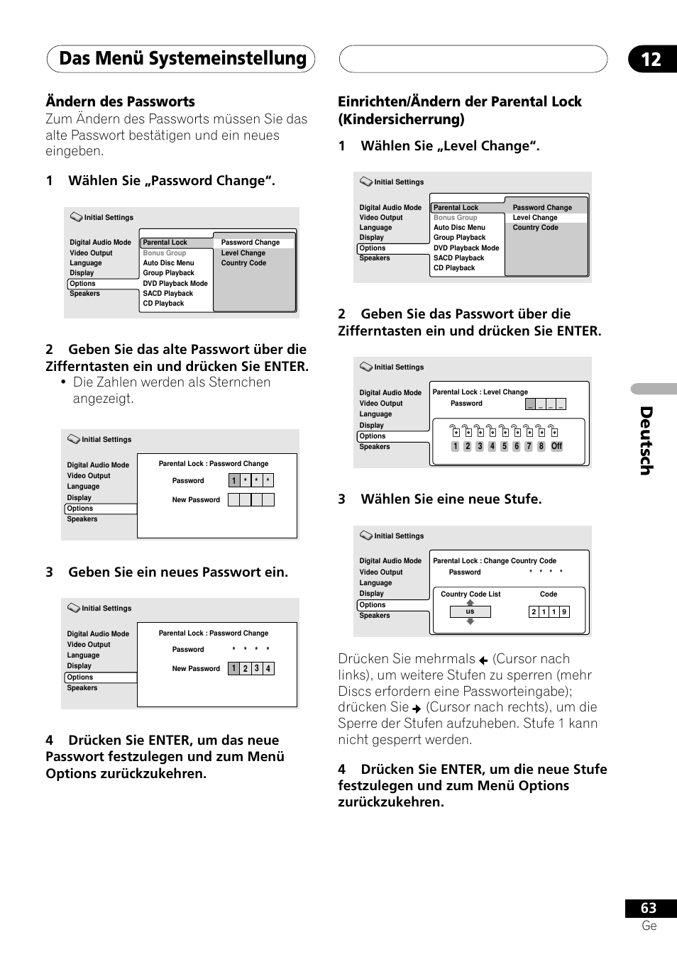 Das menü systemeinstellung 12, Deutsch, Ändern des passworts | 1wählen sie „level change, 3wählen sie eine neue stufe, 3geben sie ein neues passwort ein | Pioneer NS-DV1000 User Manual | Page 151 / 180