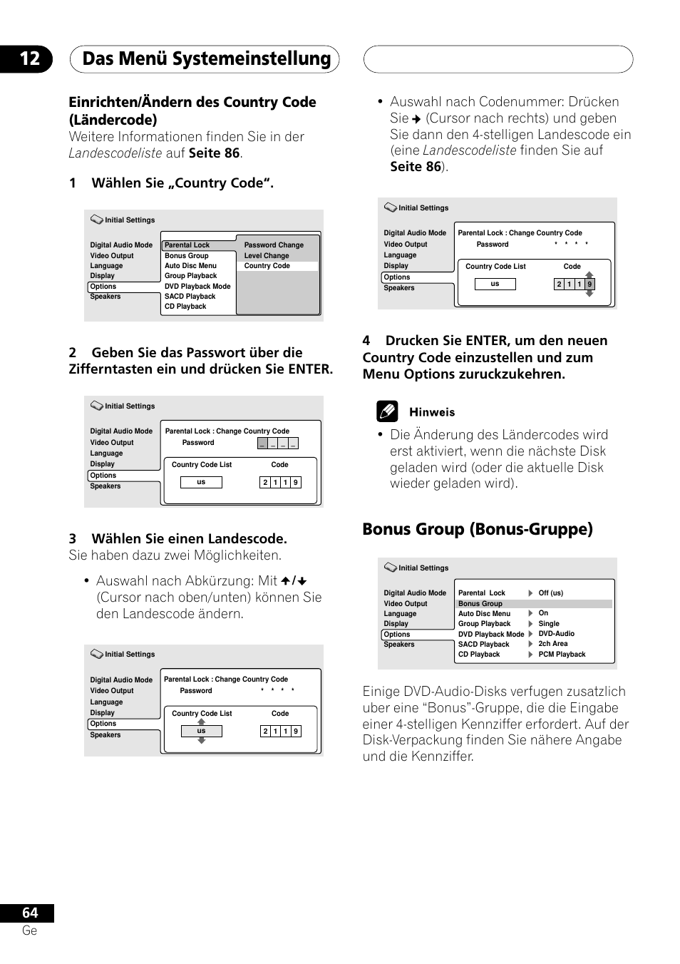 Einrichten/ändern des country code (ländercode), Bonus group (bonus-gruppe), Das menü systemeinstellung 12 | Pioneer NS-DV1000 User Manual | Page 152 / 180