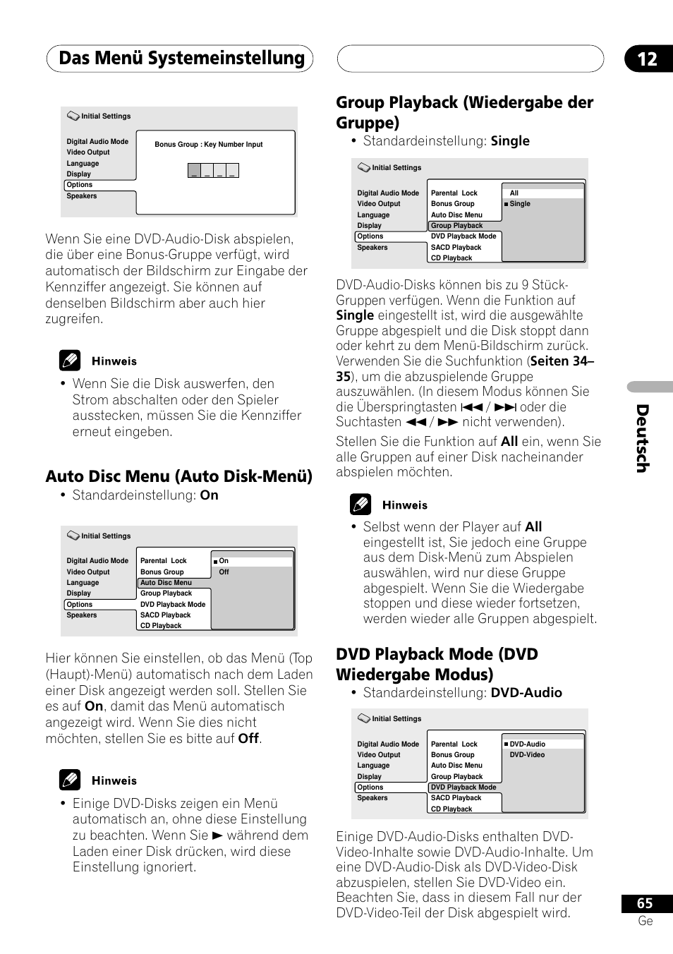 Das menü systemeinstellung 12, Deutsch group playback (wiedergabe der gruppe), Dvd playback mode (dvd wiedergabe modus) | Auto disc menu (auto disk-menü), Standardeinstellung: single, Standardeinstellung: dvd-audio, Standardeinstellung: on | Pioneer NS-DV1000 User Manual | Page 153 / 180