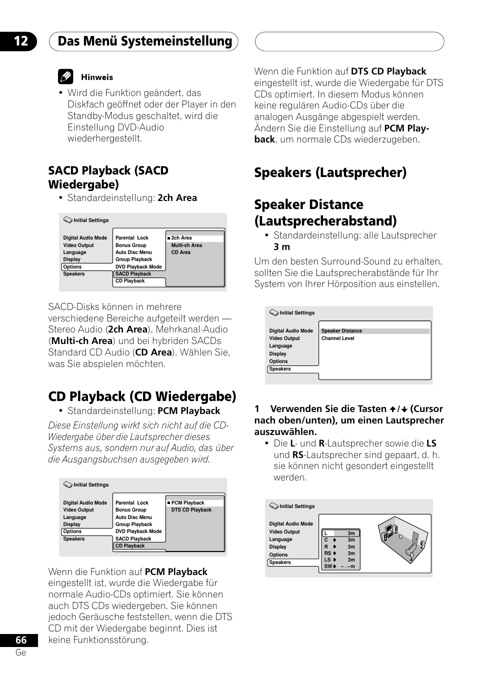 Speakers (lautsprecher), Speaker distance (lautsprecherabstand), Das menü systemeinstellung 12 | Cd playback (cd wiedergabe), Sacd playback (sacd wiedergabe), 1verwenden sie die tasten, Standardeinstellung: 2ch area | Pioneer NS-DV1000 User Manual | Page 154 / 180