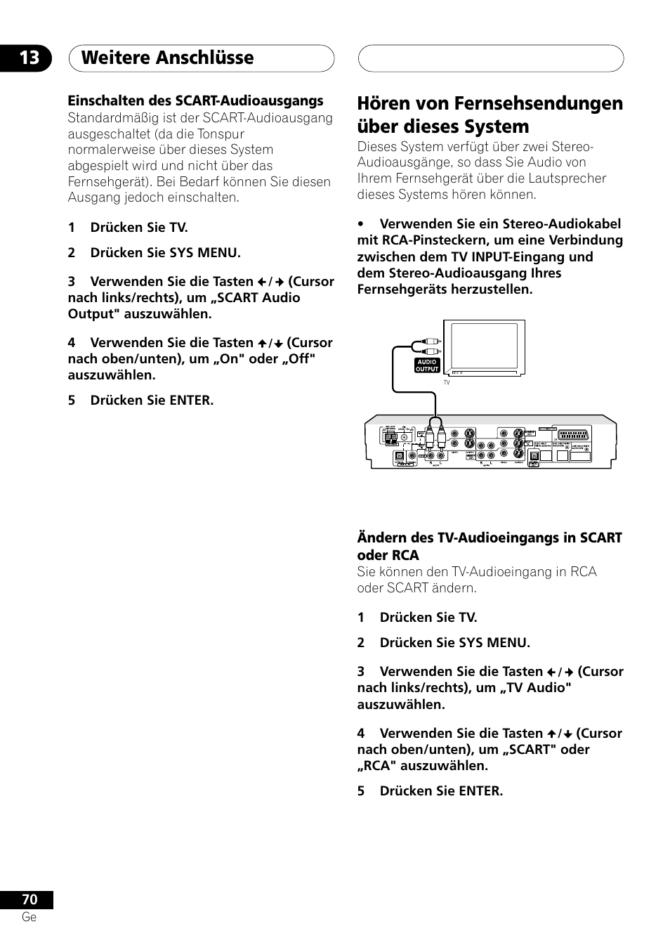 Einschalten des scart-audioausgangs, Hören von fernsehsendungen über dieses system, Ändern des tv-audioeingangs in scart oder rca | Weitere anschlüsse 13 | Pioneer NS-DV1000 User Manual | Page 158 / 180