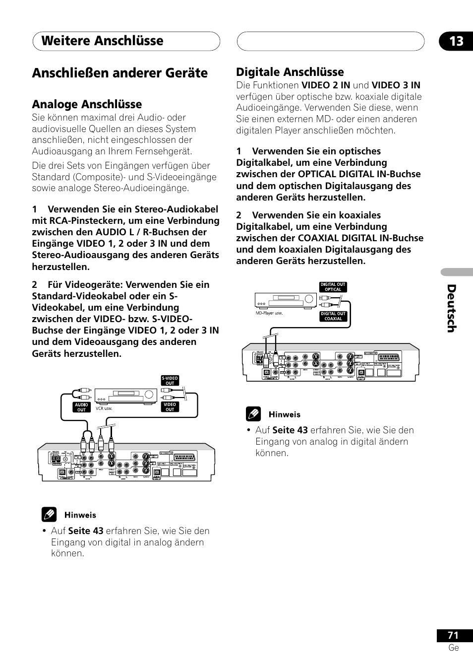 Anschließen anderer geräte, Analoge anschlüsse digitale anschlüsse, Weitere anschlüsse 13 | Pioneer NS-DV1000 User Manual | Page 159 / 180