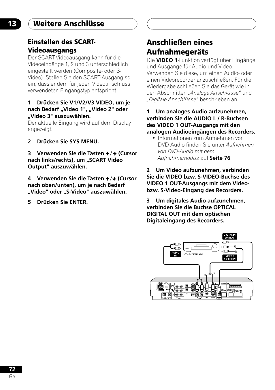 Einstellen des scart-videoausgangs, Anschließen eines aufnahmegeräts, Weitere anschlüsse 13 | Pioneer NS-DV1000 User Manual | Page 160 / 180