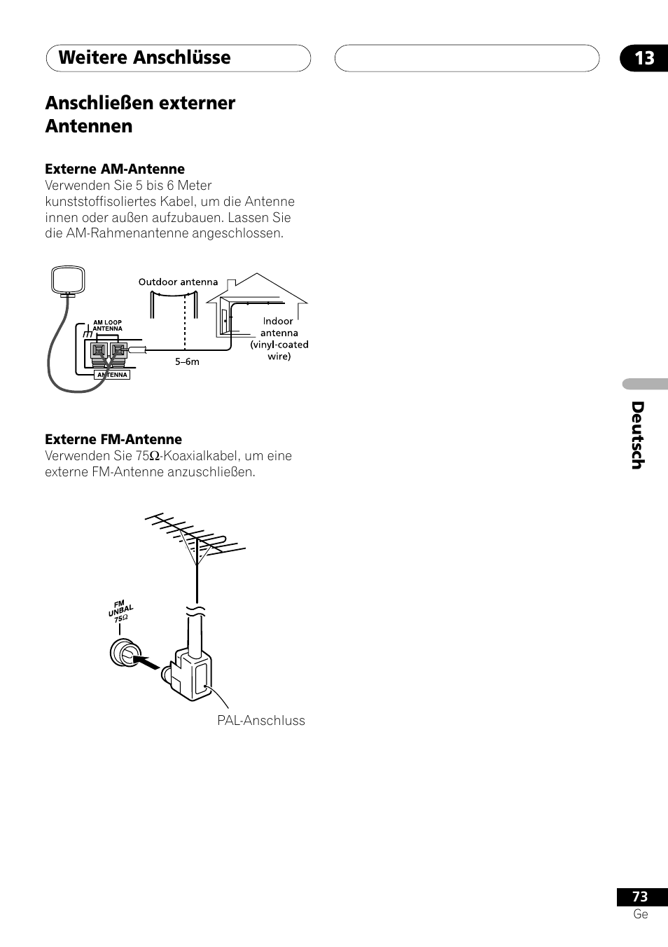 Anschließen externer antennen, Externe am-antenne externe fm-antenne, Weitere anschlüsse 13 | Pioneer NS-DV1000 User Manual | Page 161 / 180