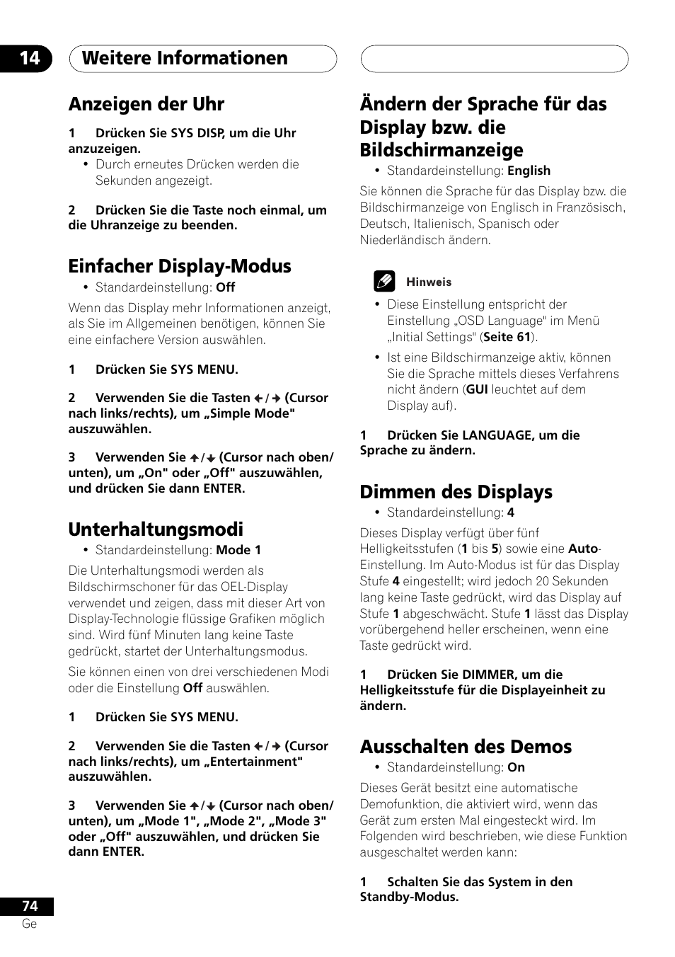 Weitere informationen 14, Anzeigen der uhr, Einfacher display-modus | Unterhaltungsmodi, Dimmen des displays, Ausschalten des demos | Pioneer NS-DV1000 User Manual | Page 162 / 180